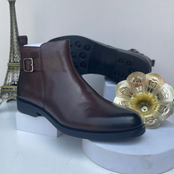 Coffee Brown Cow-boy Side-Buckled Leather Boot